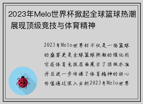2023年Melo世界杯掀起全球篮球热潮 展现顶级竞技与体育精神