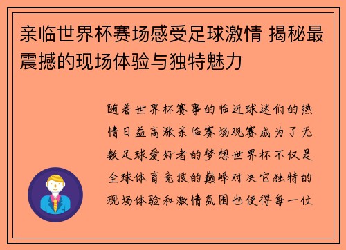 亲临世界杯赛场感受足球激情 揭秘最震撼的现场体验与独特魅力