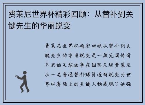 费莱尼世界杯精彩回顾：从替补到关键先生的华丽蜕变